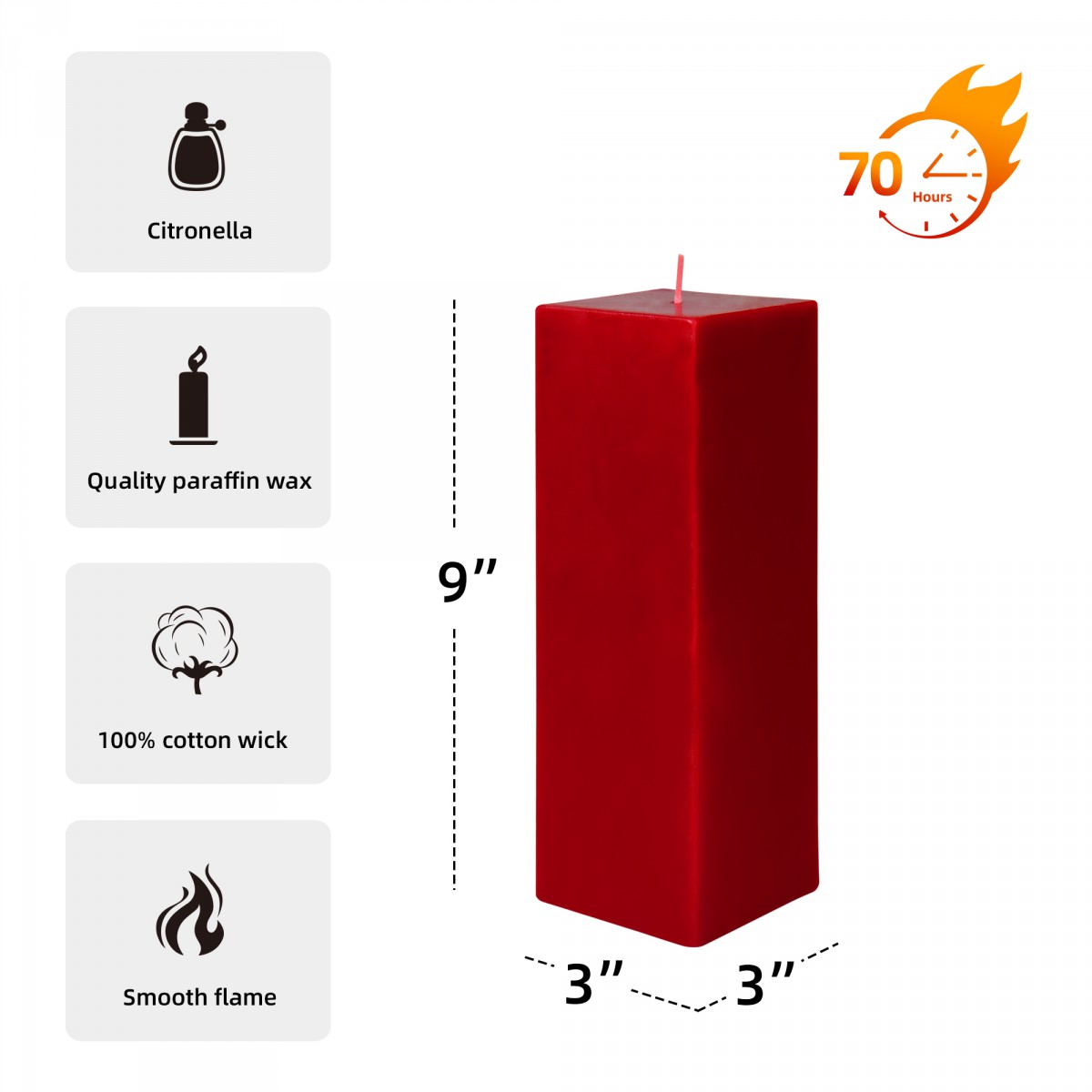 3 x 9 Inch Red Square Pillar Candle