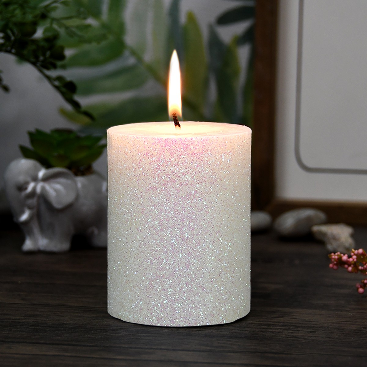 Glitter & Sparkle Christmas Candle Church Pillar White Rose Gold Grey  Vintage