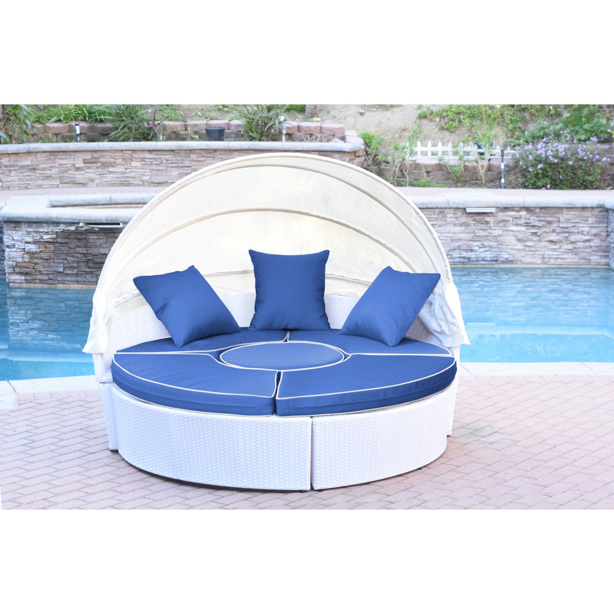 AllWeather White Wicker Sectional Daybed Midnight Blue Cushions