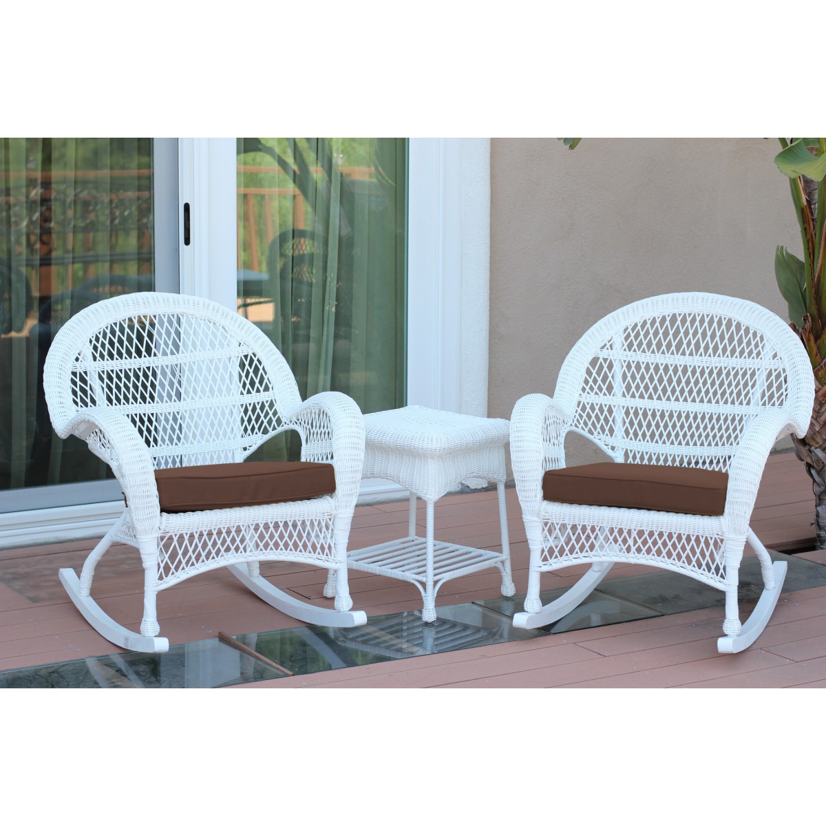 3pc Santa Maria White Rocker Wicker Chair Set Brown Cushions