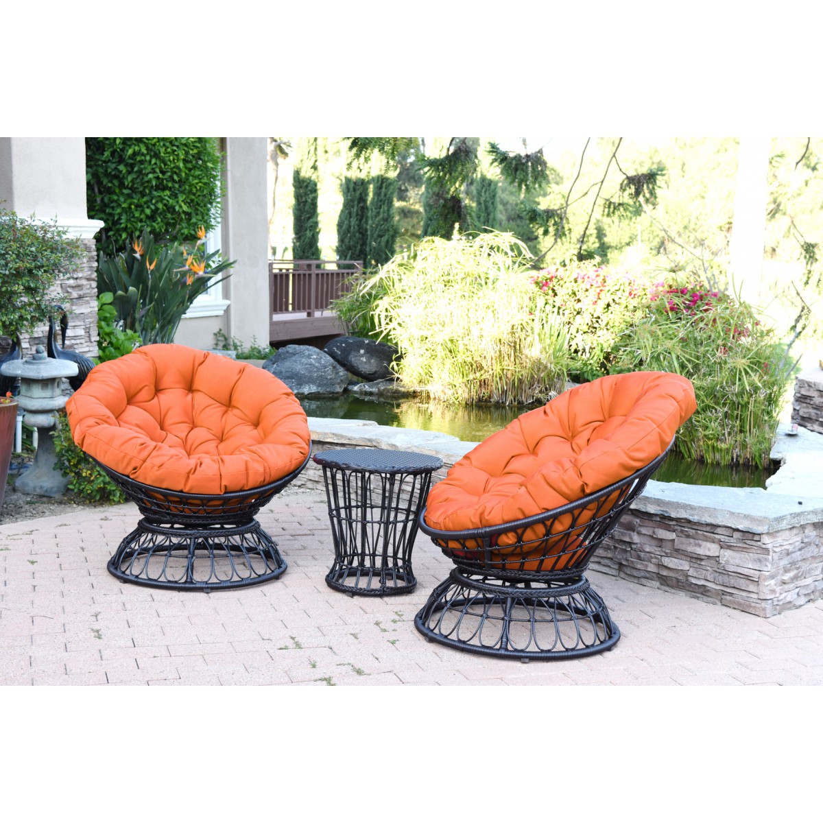 Papasan Espresso Wicker Swivel Chair and Table Set with Orange