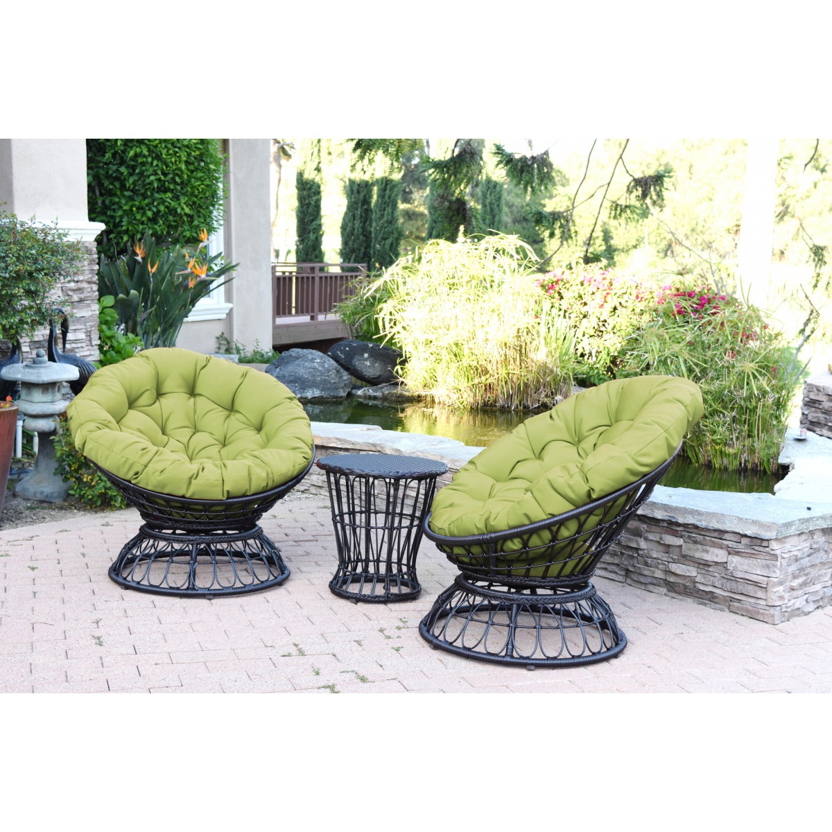 Papasan Espresso Wicker Swivel Chair And Table Set With Sage