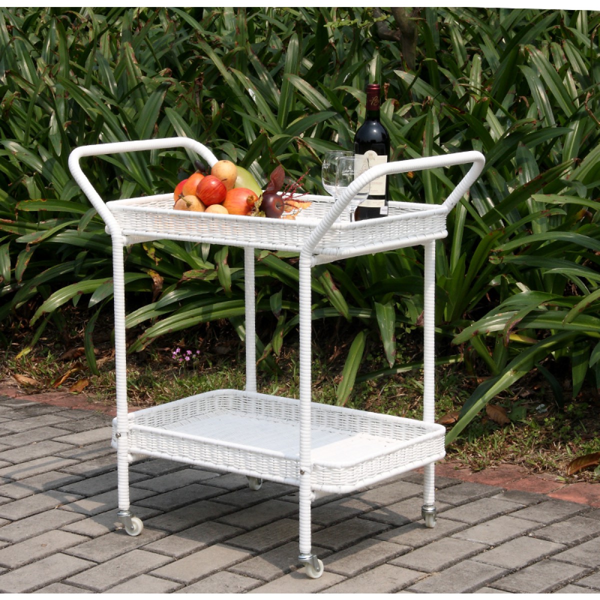 Outdoor White Resin Wicker Serving Cart