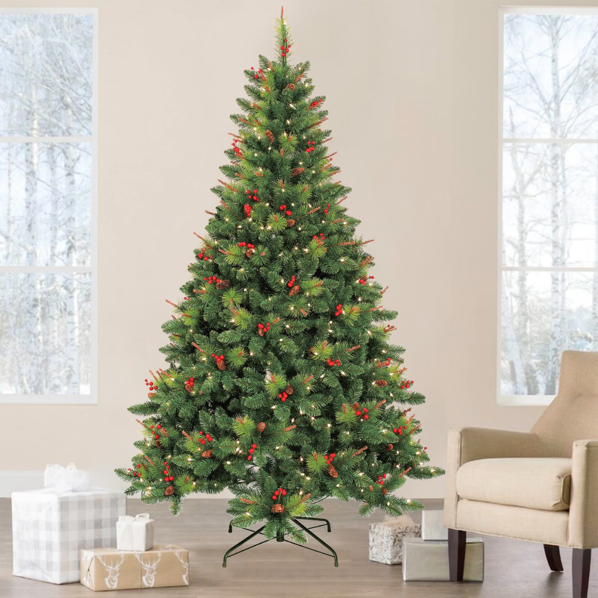 7 Feet. Pre-Lit Berrywood Pine Artificial Christmas Tree