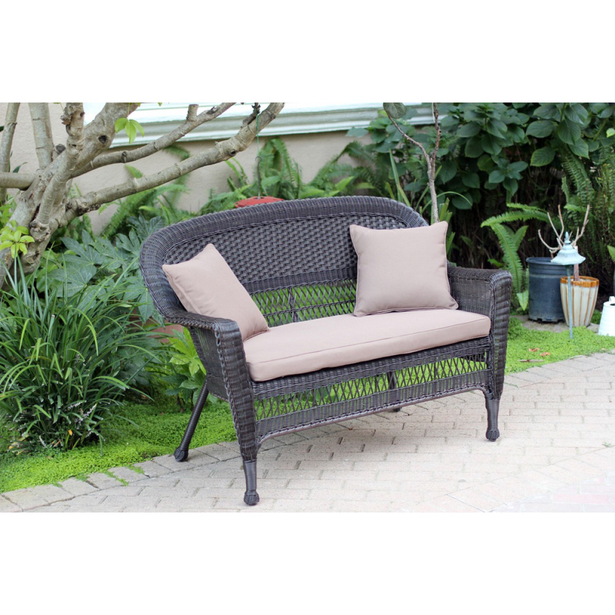 Espresso Wicker Patio Love Seat With Brown Cushion and Pillows