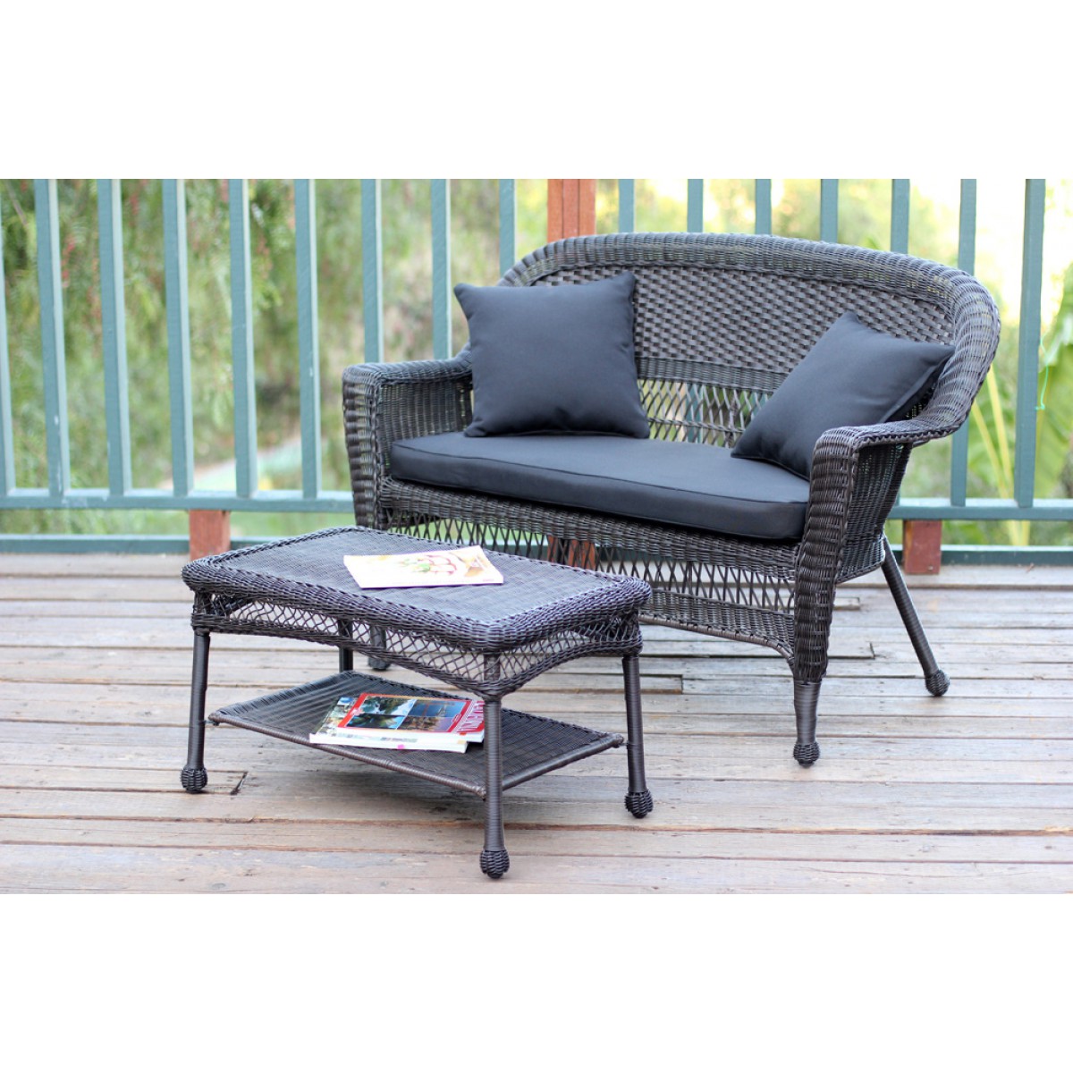 Espresso Wicker Patio Love Seat And Coffee Table Set With Black Cushion