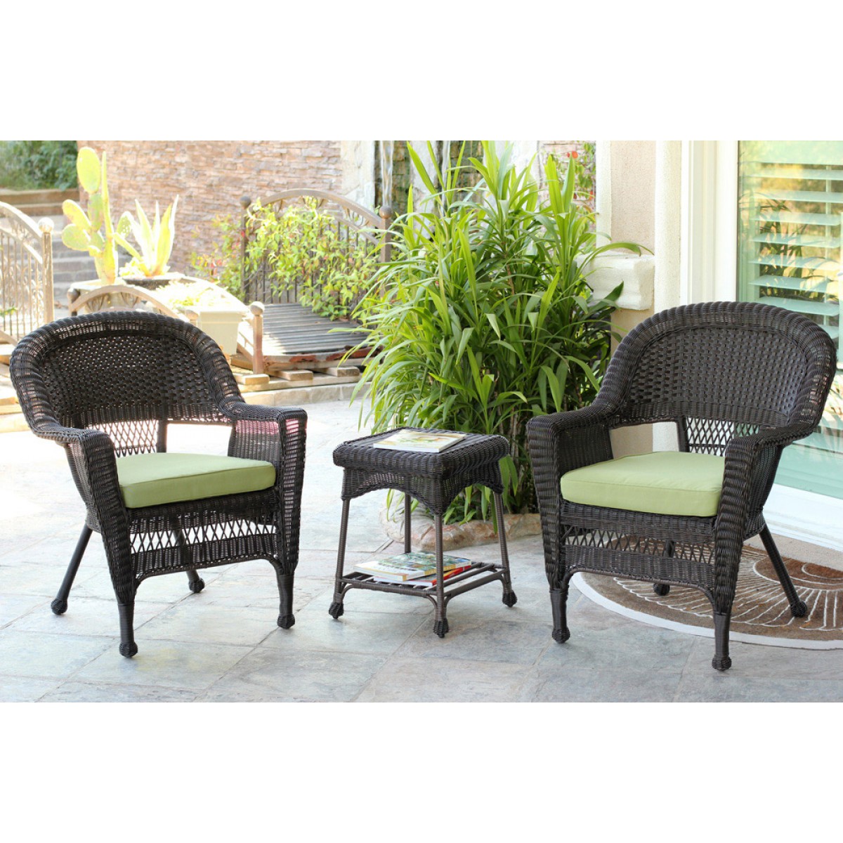 Espresso Wicker Chair And End Table Set With Sage Green Chair