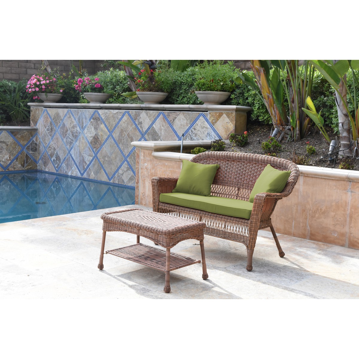 Honey Wicker Patio Love Seat And Coffee Table Set With Sage Green Cushion
