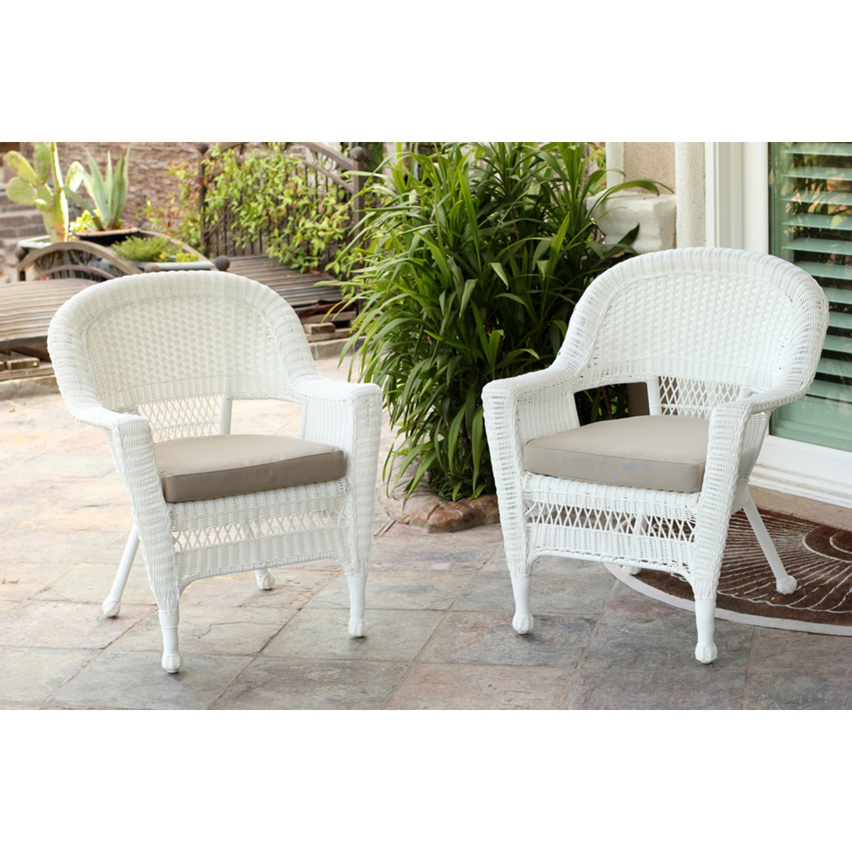 White Wicker Chair With Tan Cushion Set of 2