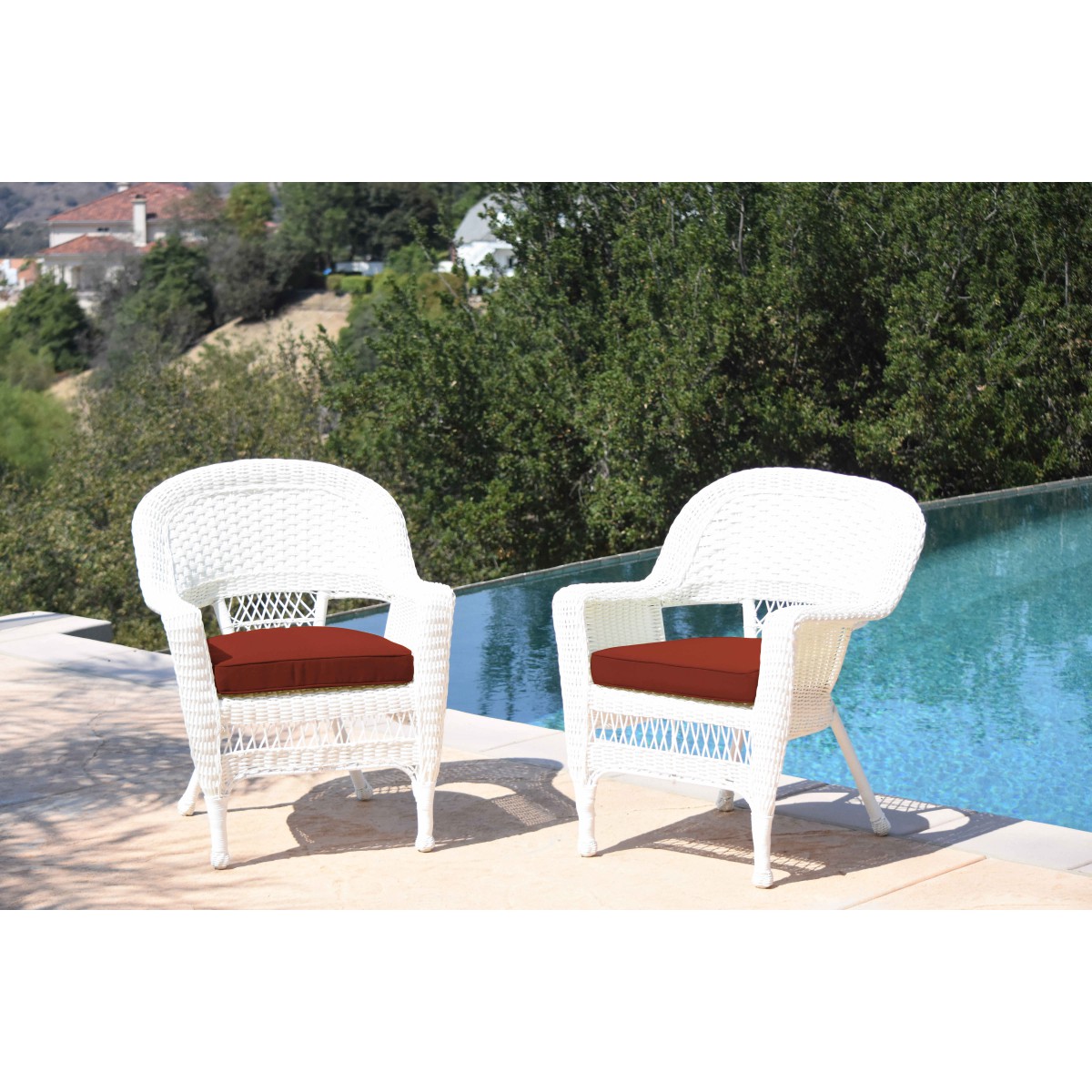 White Wicker Chair With Brick Red Cushion - Set of 2 Wide wicker chair with white cushions.
