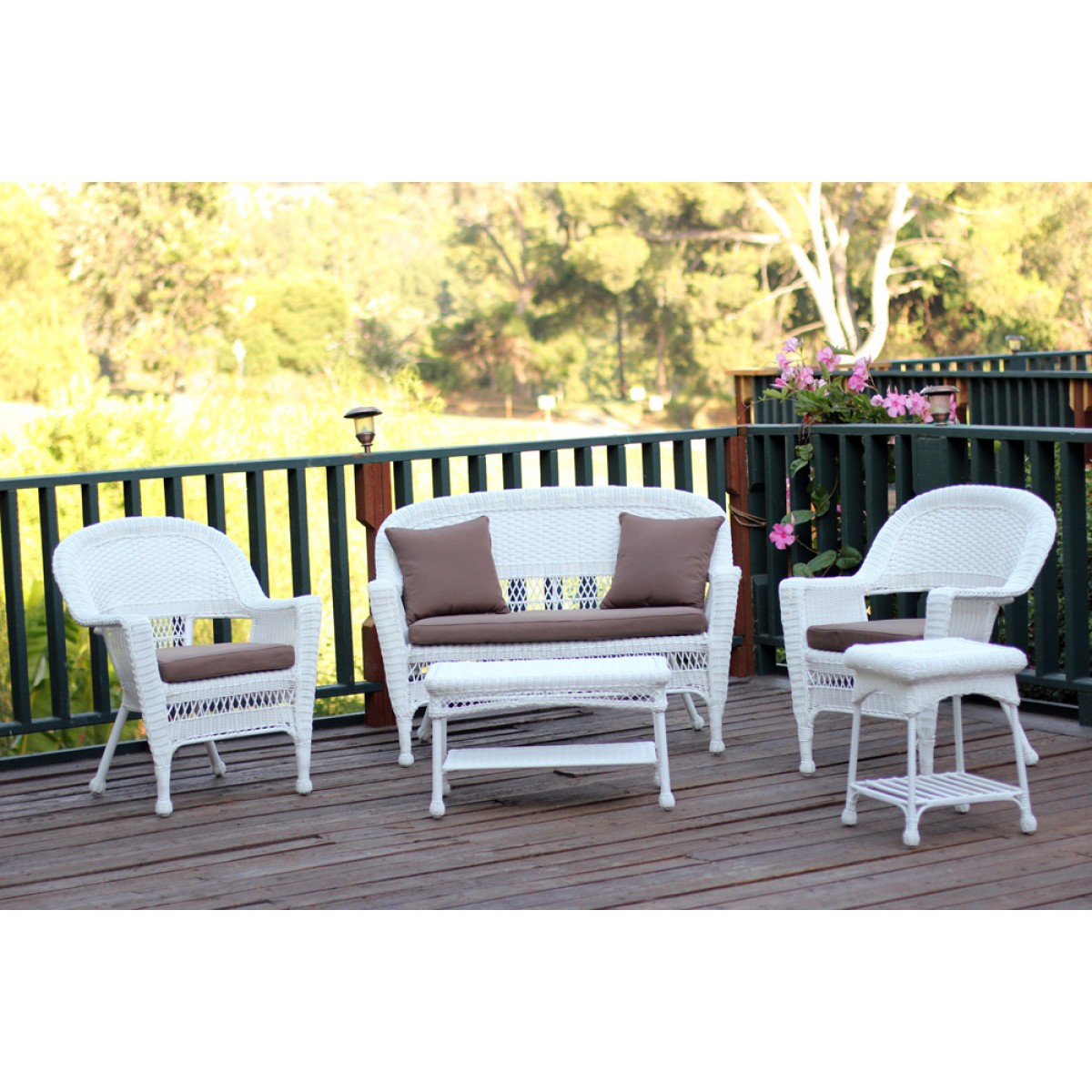 5pc White Wicker Conversation Set Cocoa Brown Cushions More Views