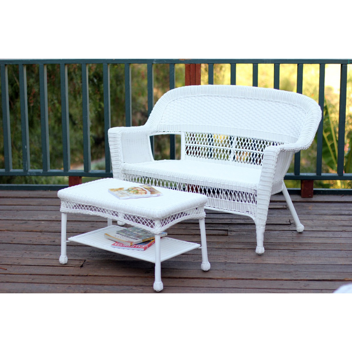 White Wicker Patio Love Seat And Coffee Table Set Without Cushion