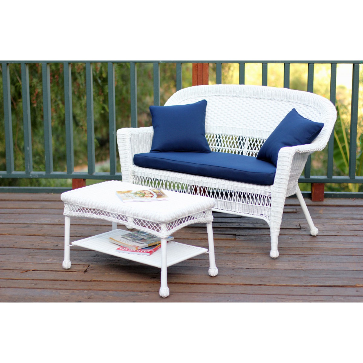White Wicker Patio Love Seat And Coffee Table Set With ...