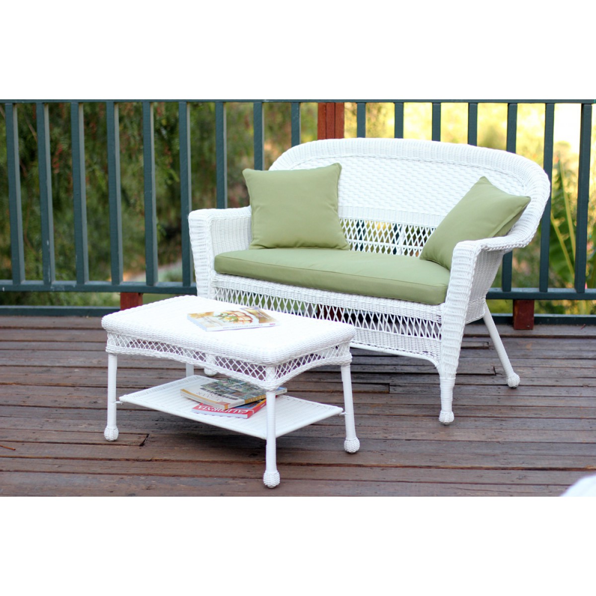 White Wicker Patio Love Seat And Coffee Table Set With Sage Green Cushion