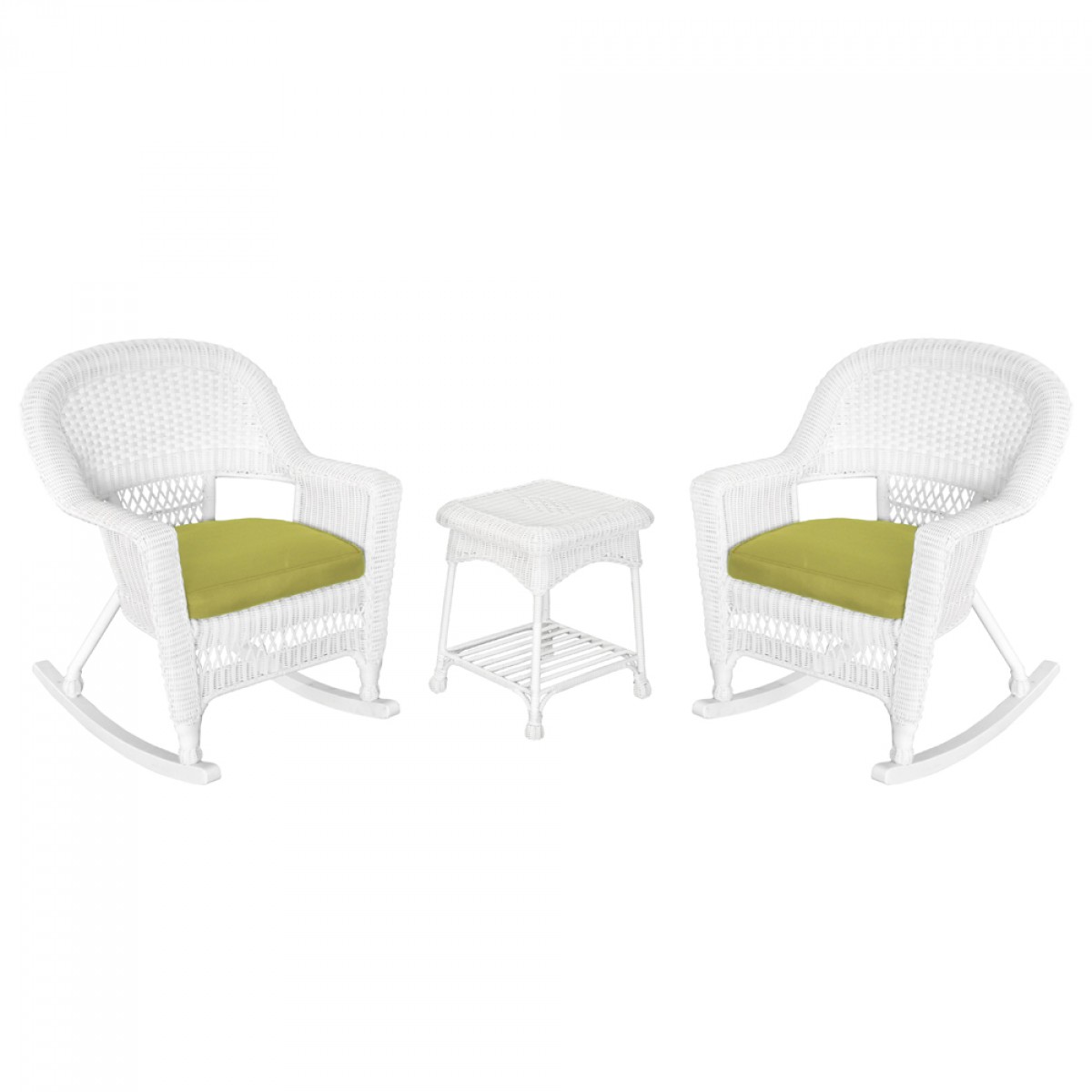 3pc White Rocker Wicker Chair Set With Sage Green Cushion