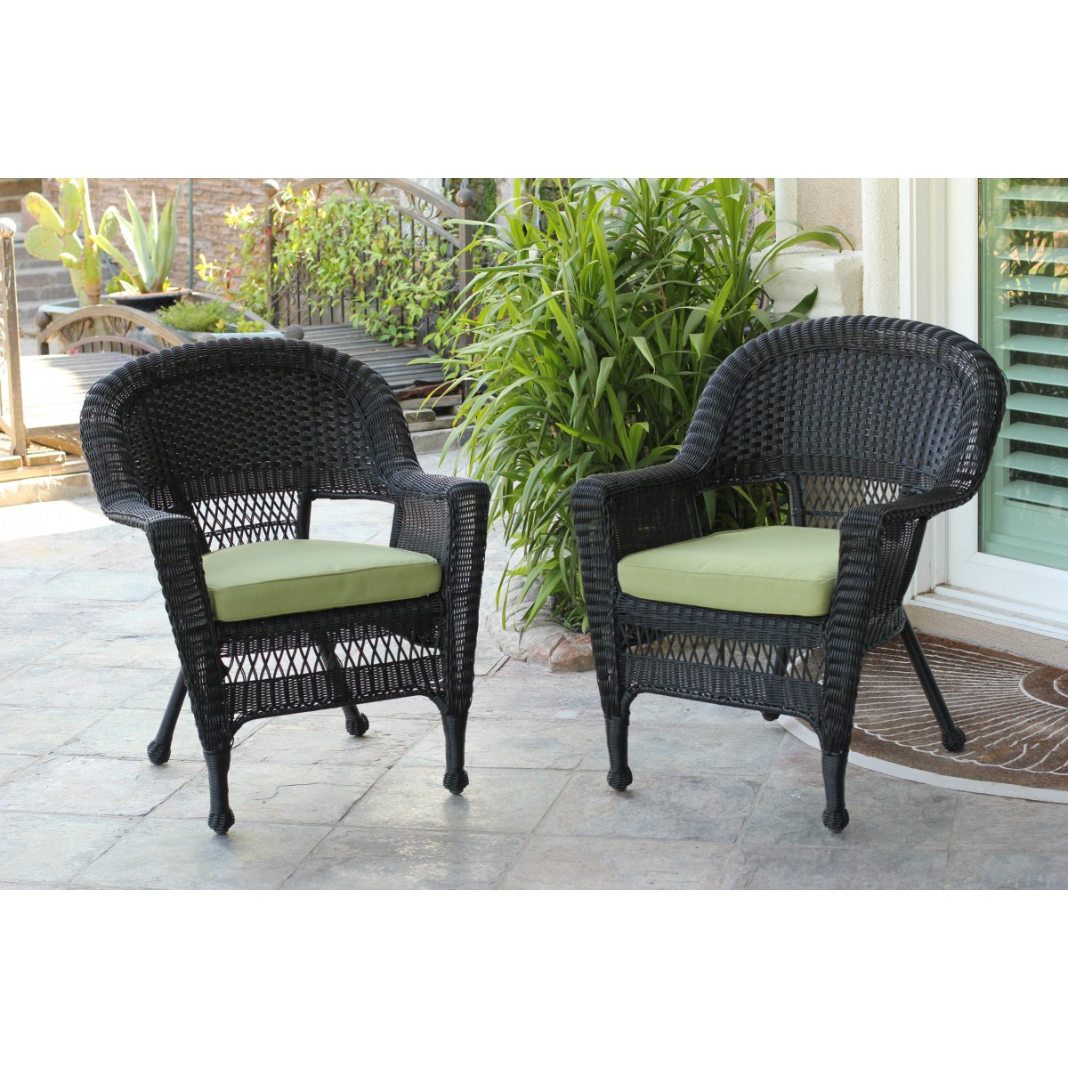 Black Wicker Chair With Sage Green Cushion Set of 4