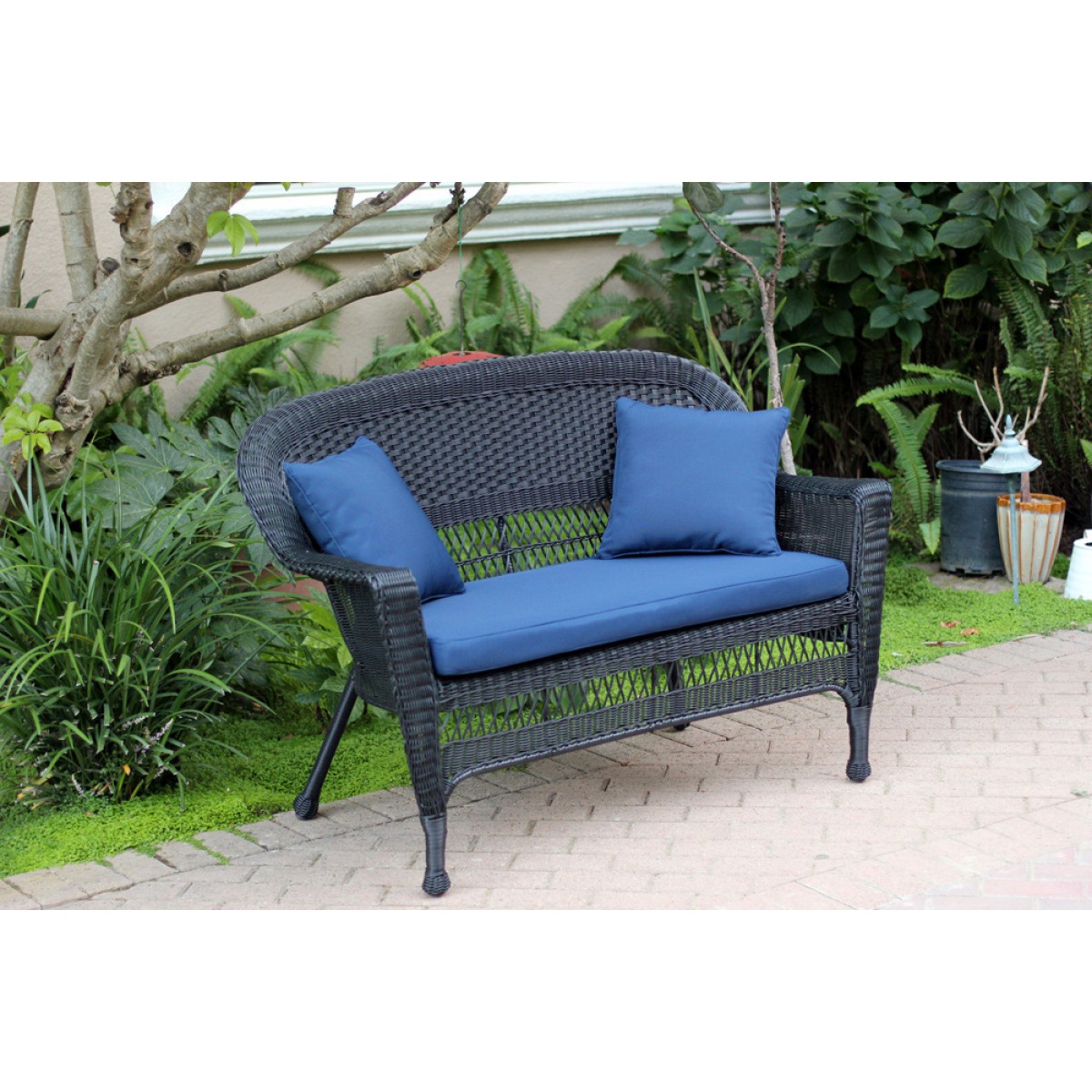 Black Wicker Patio Love Seat With Midnight Blue Cushion and Pillows