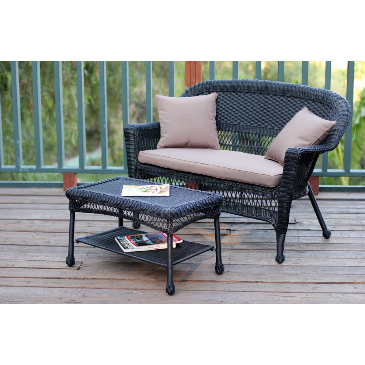 Black Wicker Patio Love Seat And Coffee Table Set With Brown