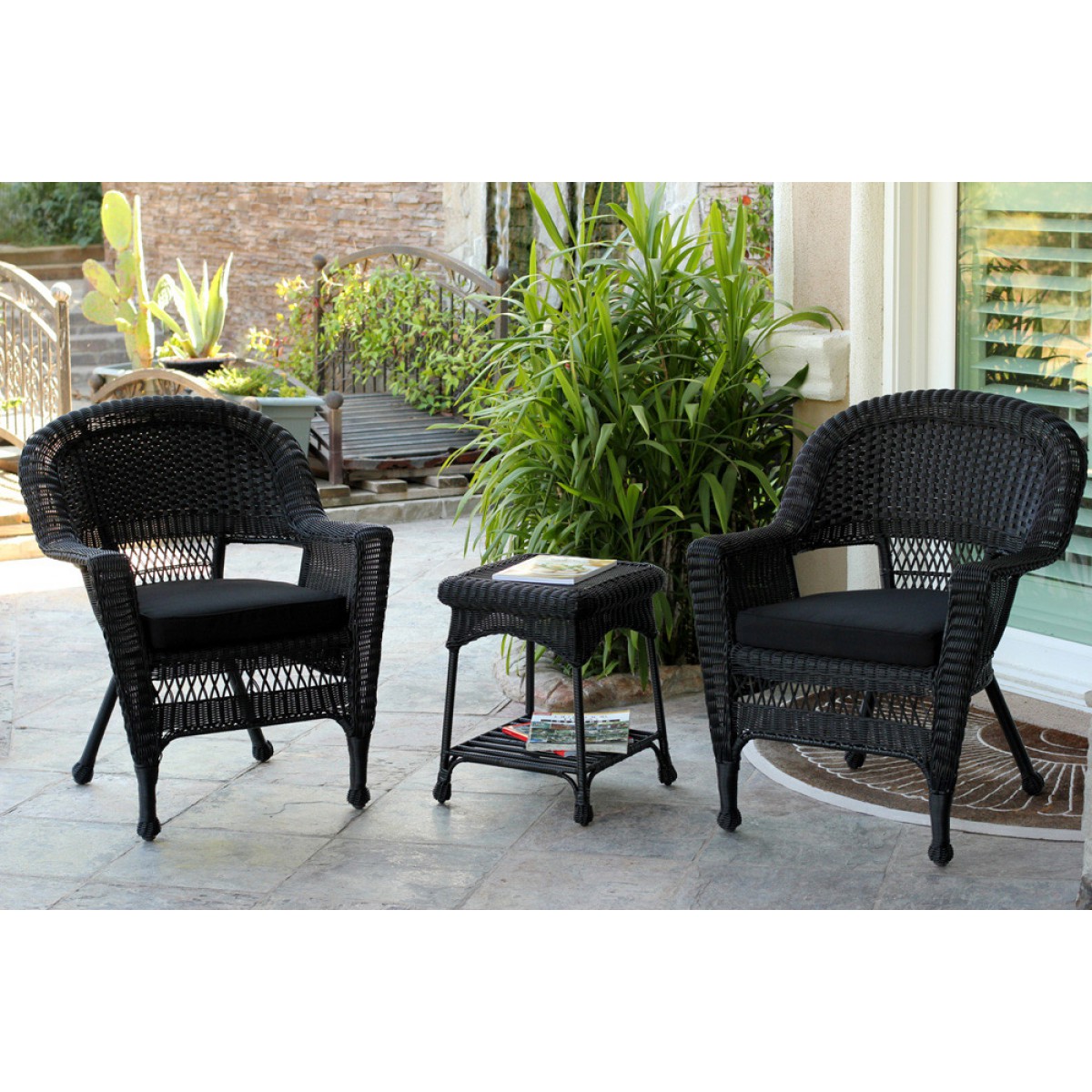 Black Wicker Chair And End Table Set With Black Cushion