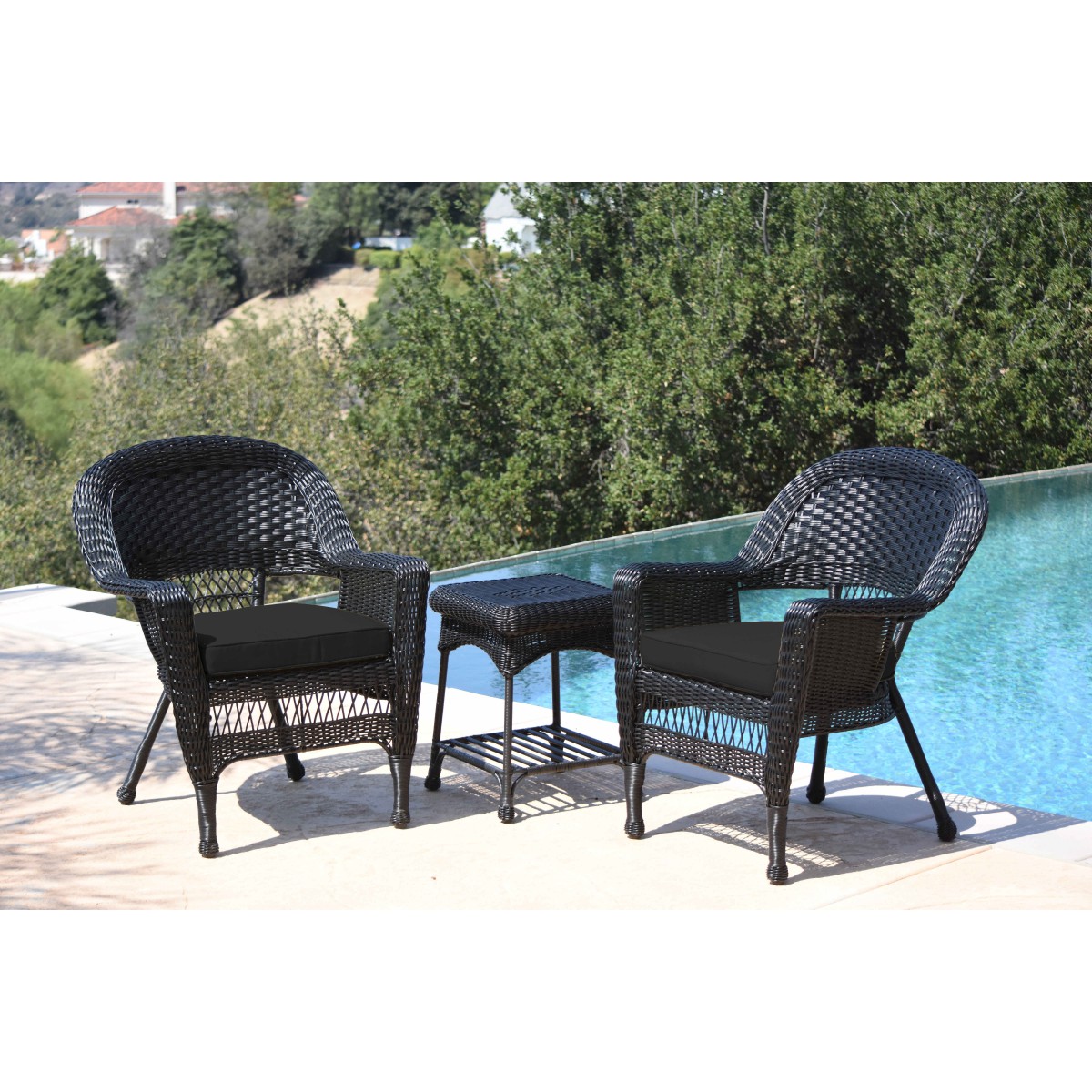 Black Wicker Chair And End Table Set With Black Cushion