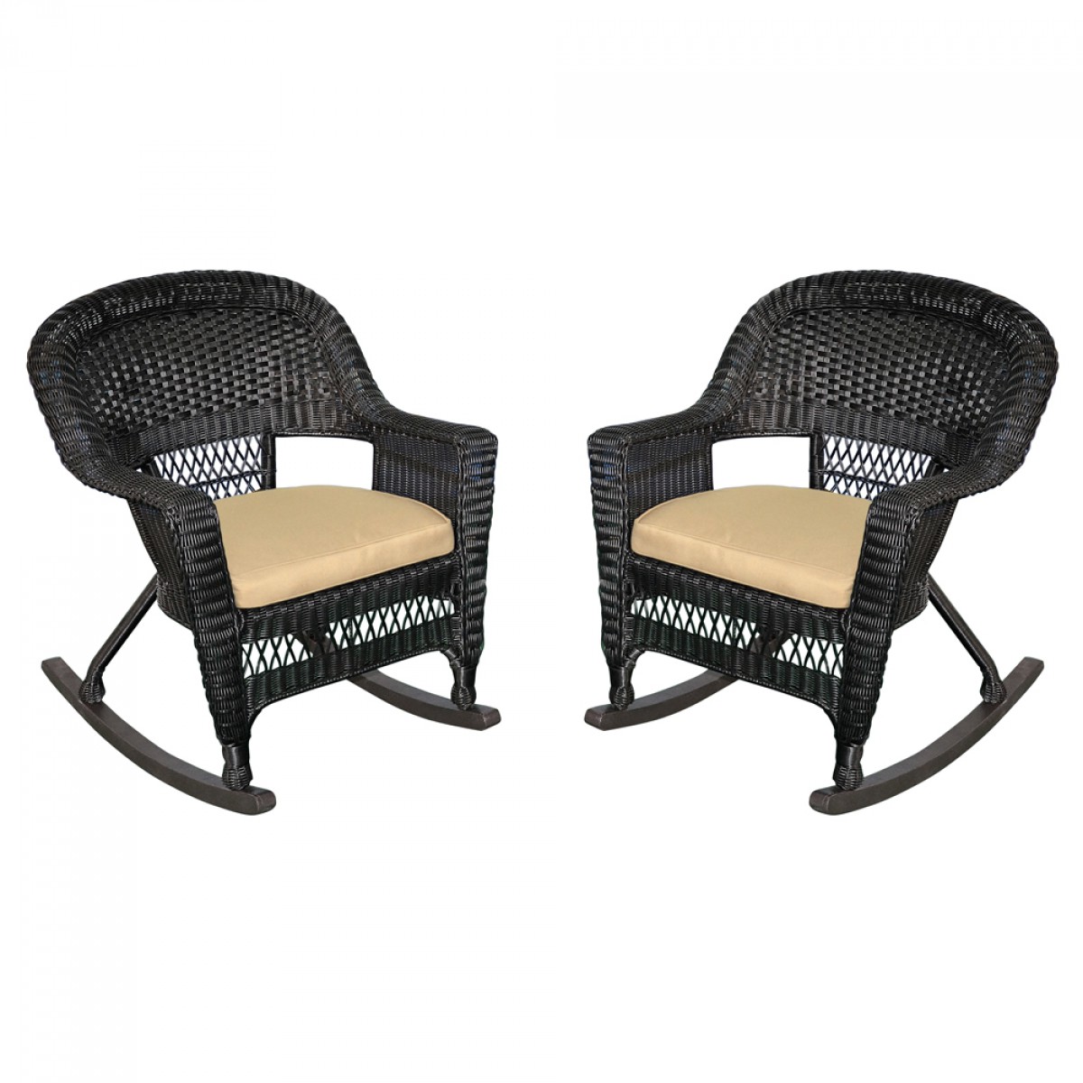 Black Rocker Wicker Chair with Tan Cushion Set of 2