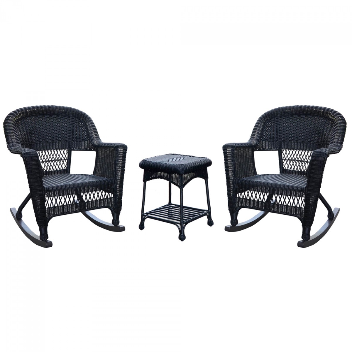 3pc Black Rocker Wicker Chair Set Without Cushion