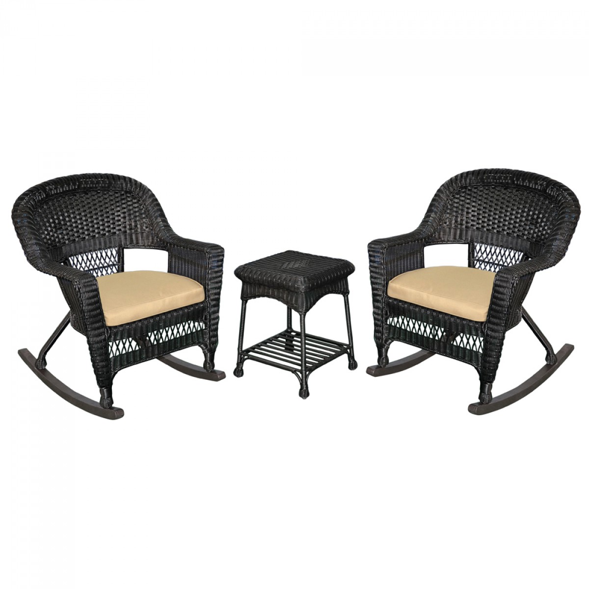 3pc Black Rocker Wicker Chair Set With Tan Cushion