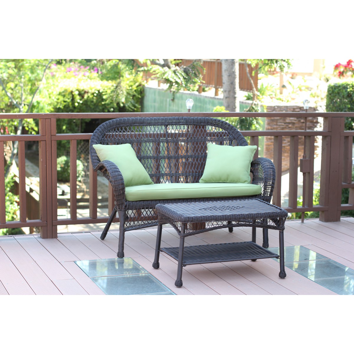 Santa Maria Espresso Wicker Patio Love Seat And Coffee Table Set Sage Green Cushion