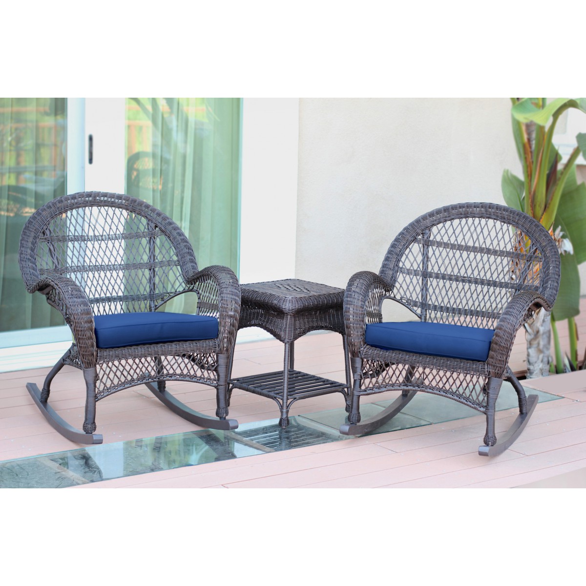 3pc Santa Maria Espresso Rocker Wicker Chair Set Midnight Blue Cushions