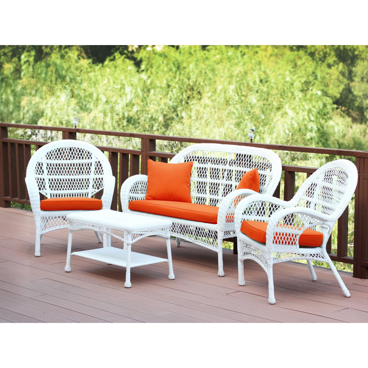 4pc Santa Maria White Wicker Conversation Set Orange Cushions