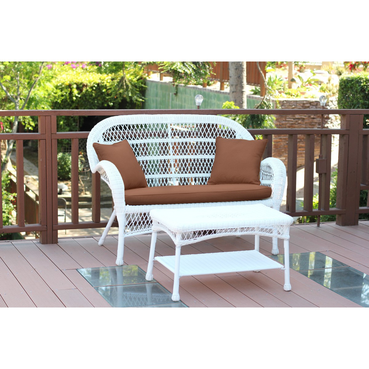 Santa Maria White Wicker Patio Love Seat And Coffee Table Set Brown