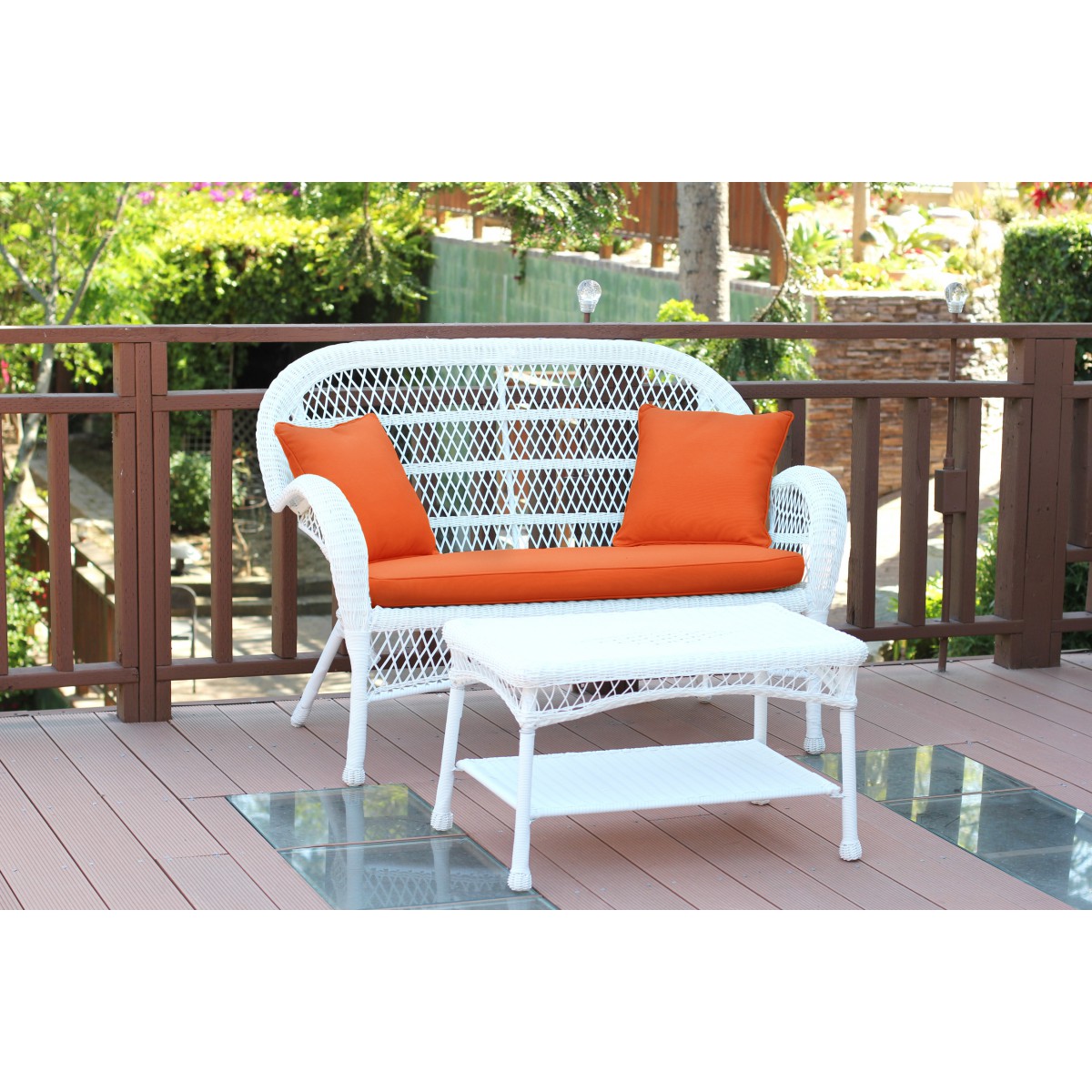 Santa Maria White Wicker Patio Love Seat And Coffee Table Set Orange Cushion