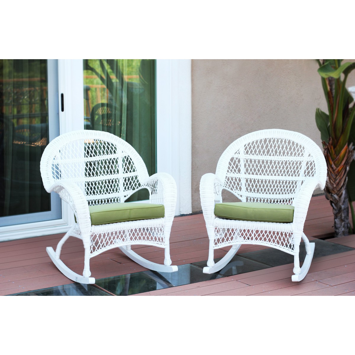 Santa Maria White Wicker Rocker Chair with Sage Green Cushion
