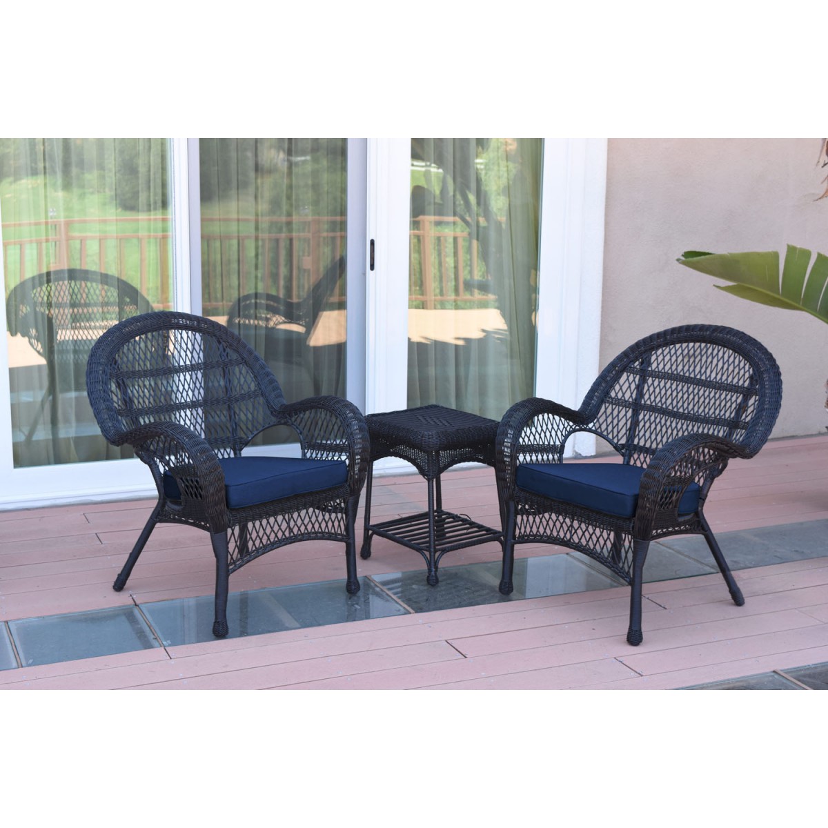 3pc Santa Maria Black Wicker Chair Set Midnight Blue Cushions
