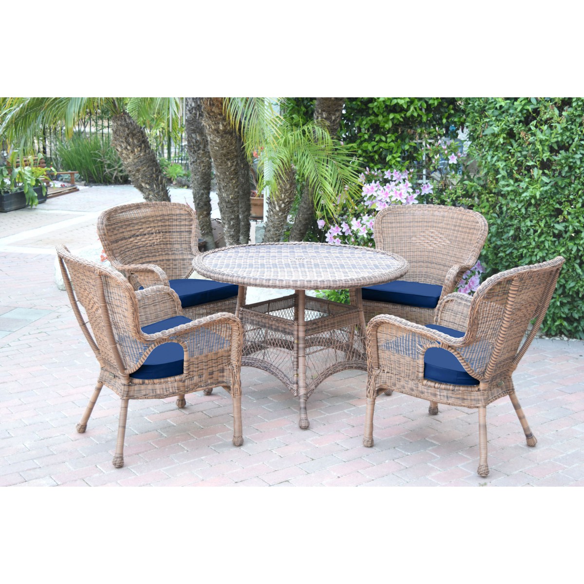 5pc Windsor Honey Wicker Dining Set Midnight Blue Cushions