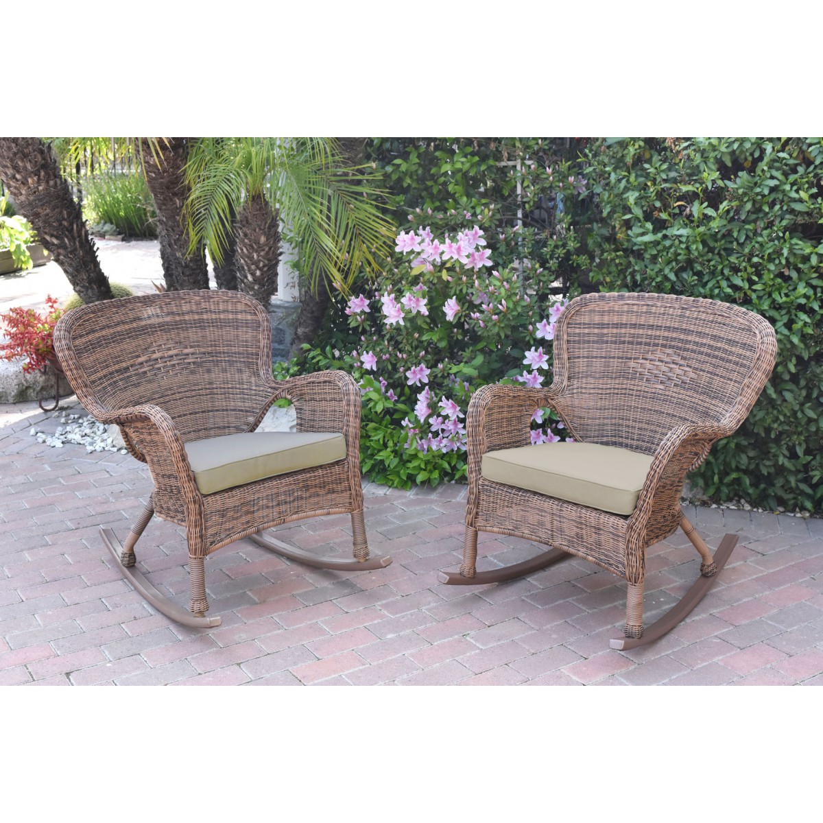 Set of 2 Windsor Honey Resin Wicker Rocker Chair with Tan Cushions