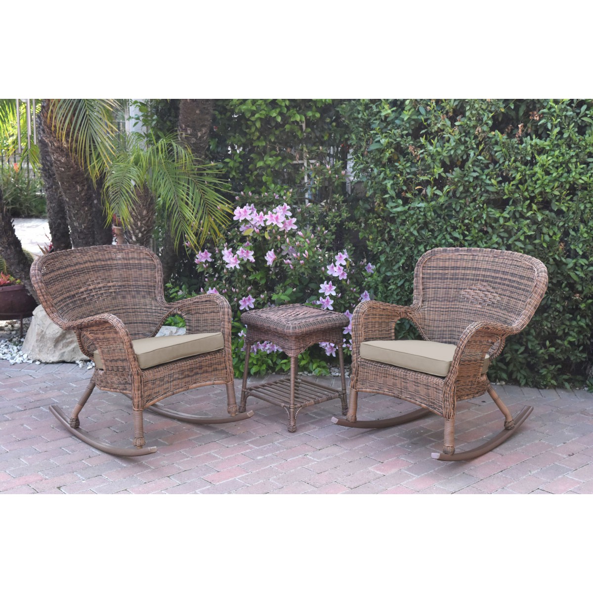 Windsor Honey Wicker Rocker Chair And End Table Set With Tan Chair Cushion