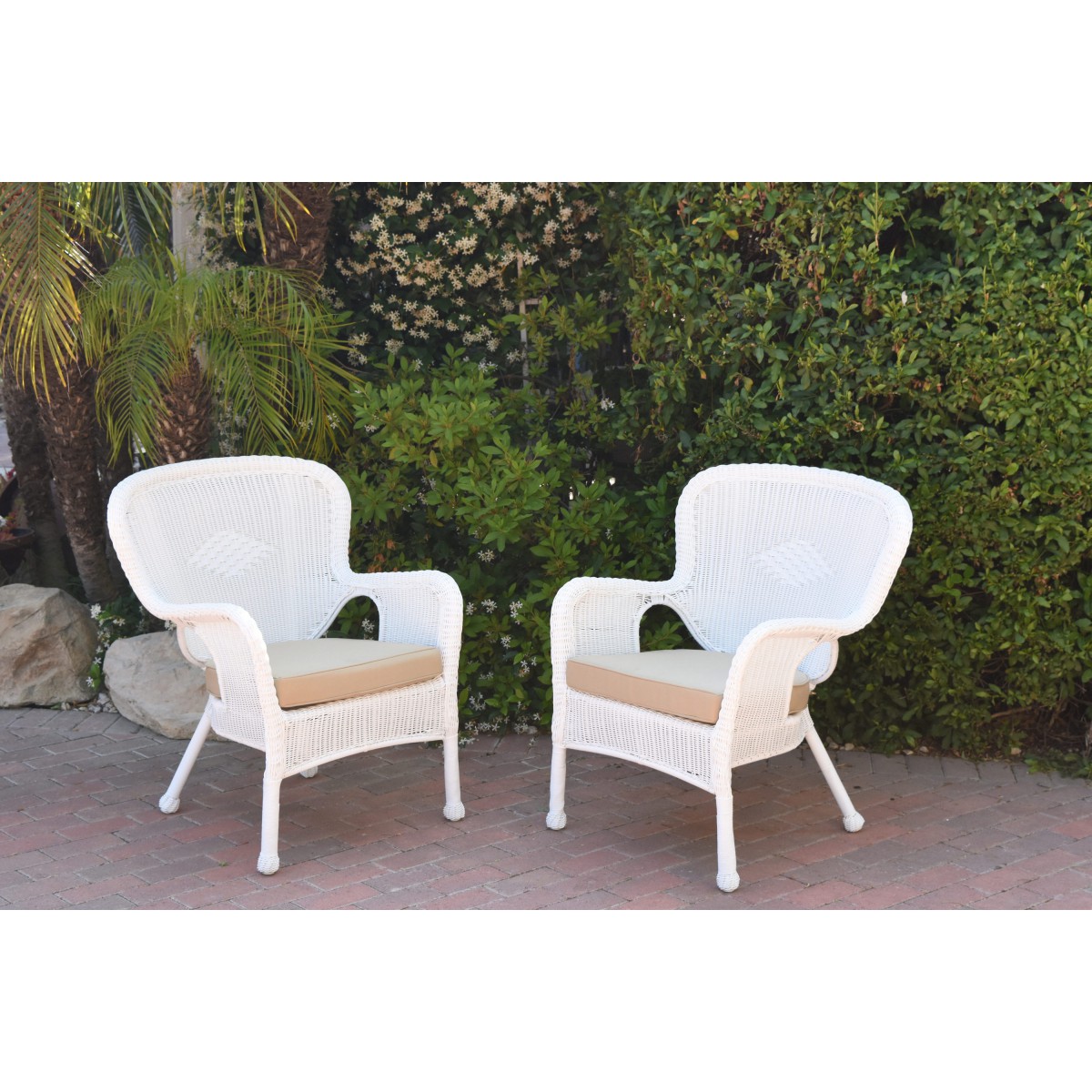 Set of 2 Windsor White Resin Wicker Chair with Tan Cushions