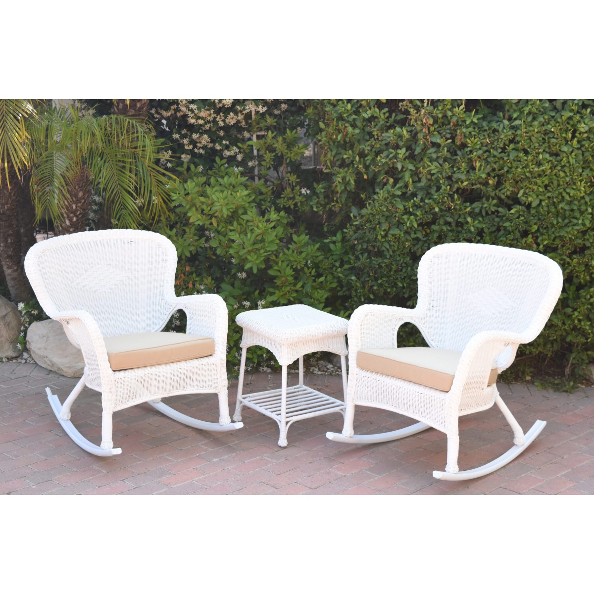 Windsor White Wicker Rocker Chair And End Table Set With Tan Chair Cushion