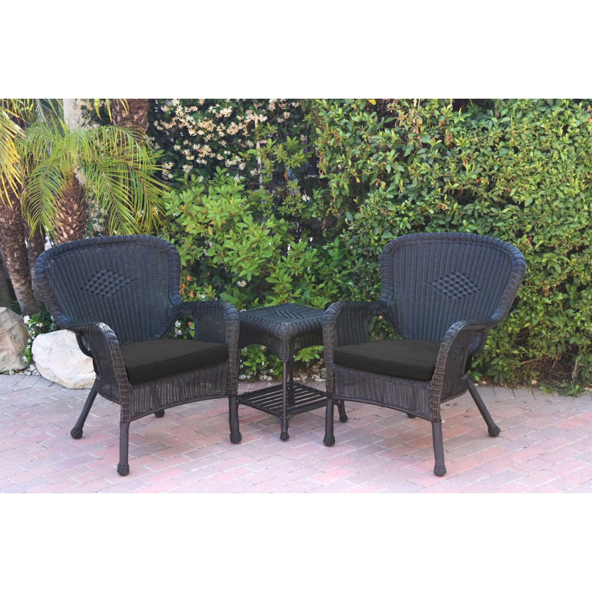 Windsor Black Wicker Chair And End Table Set With Black Chair Cushion
