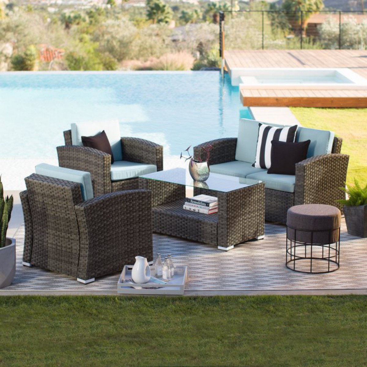 Nefeli Resin Wicker 4 Piece Patio Conversation Set with Cushions