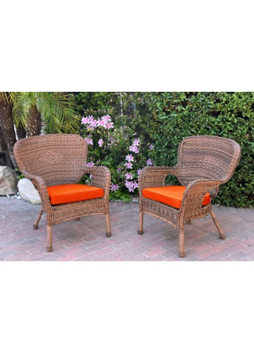 Set of 2 Windsor Honey Resin Wicker Chair with Orange Cushions