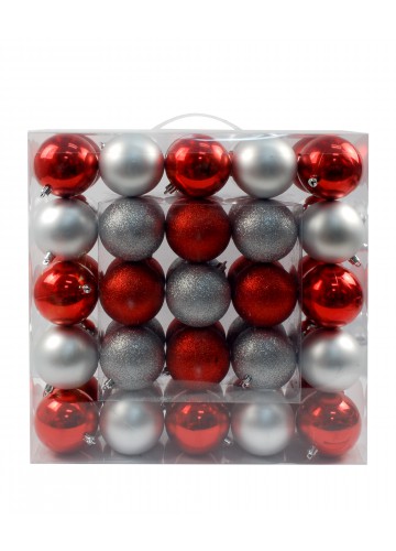 50Pk 75Mm Plastic Ornaments -Red/Silver