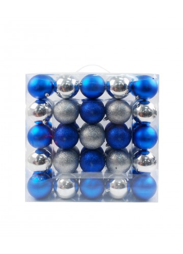 50Pk 75Mm Plastic Ornaments -Blue/Silver