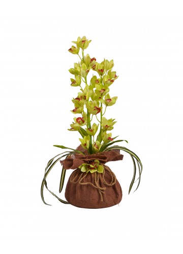 Floral arrangement with burlap pot