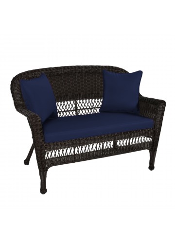 Espresso Wicker Patio Love Seat With Midnight Blue Cushion and Pillows