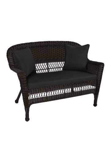 Espresso Wicker Patio Love Seat With Black Cushion and Pillows
