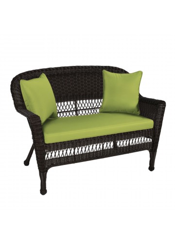 Espresso Wicker Patio Love Seat With Sage Green Cushion and Pillows
