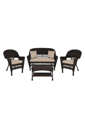 4pc Espresso Wicker Conversation Set - Tan Cushion