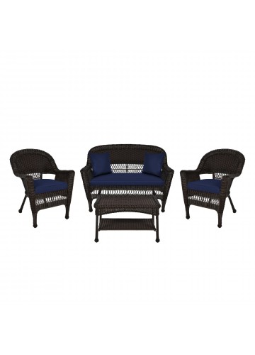 4pc Espresso Wicker Conversation Set - Midnight Blue Cushions